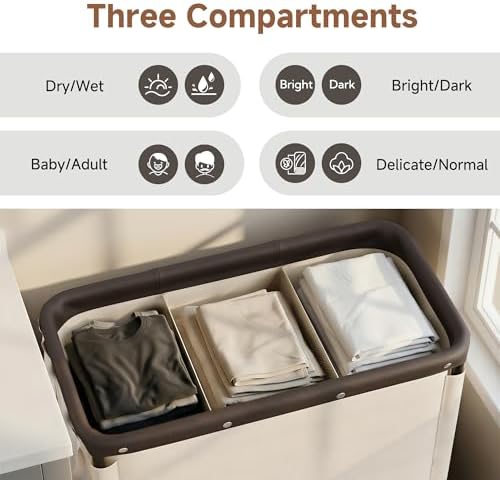 StorageWorks 3 Section Laundry Hamper, 120L Beige Sorter Cart - Image 4