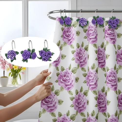 Amyhill 12 Pcs Purple Rose Shower Curtain Hooks Cute Purple Rose Decorative - Image 6
