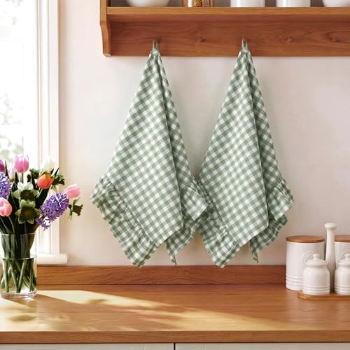 HunnmingRe 2 Pcs Green Gingham Kitchen Towels Cotton Ruffled - Image 5