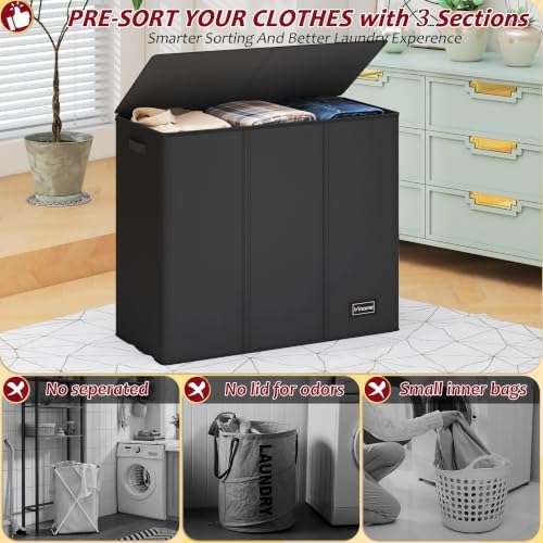 220L Laundry Hamper 3 Section, Large Laundry Hamper - Image 3