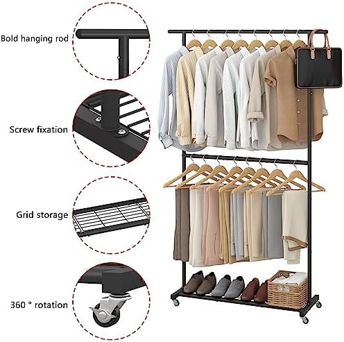 Sywhitta Double Rod Metal Clothing Rack on Wheels - Image 5