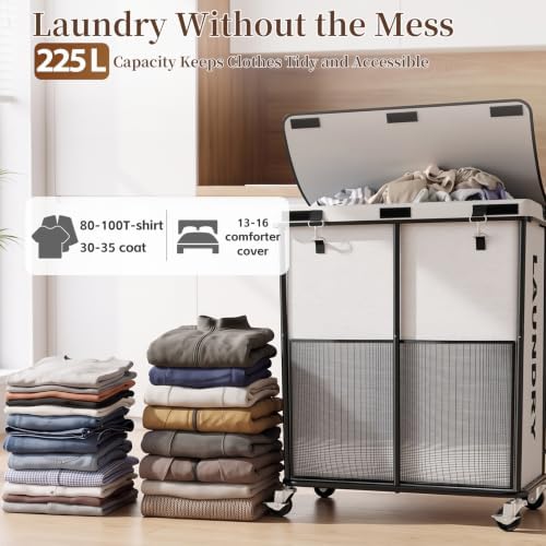 Laundry Hamper with Wheels and Lid, 225L Large Rolling Laundry Basket White - Image 2