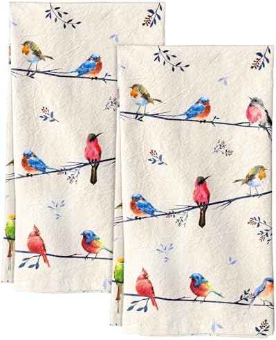 Miss Adola 150GSM Flour Sack Kitchen Towels Set of 2, Watercolor Bird by MissAdola