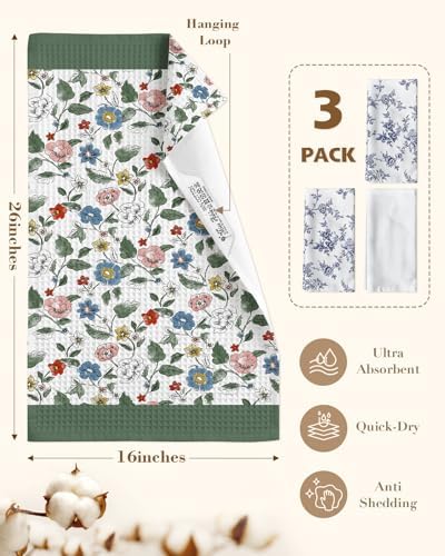 Miss Adola 3pcs Cotton Waffle Kitchen Towels, Vibrant Botanical - Image 4