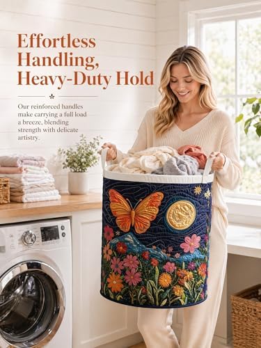 Quilted Laundry Basket with Handles, Boho Floral Quilted Storage Hamper - Image 4