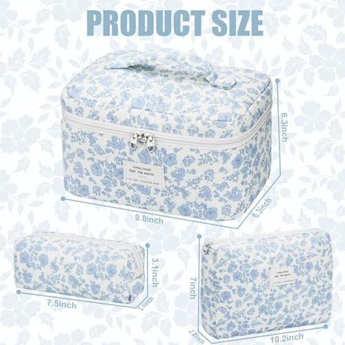 BuyCard Quilted Makeup Bag Set, CuteFloral Cotton Coquette Makeup Bag Toiletry - Image 2