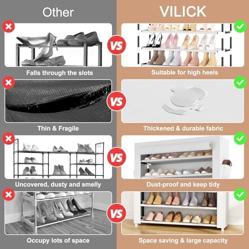 VILICK Shoe Rack with Cover Narrow Shoe Organizer with Pockets 10 Tier Tall - Image 5