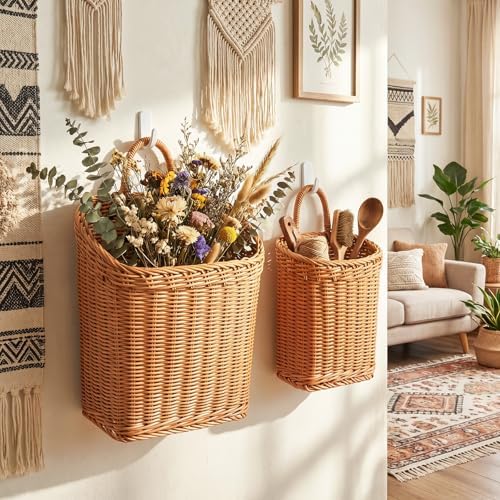 MIPON 2 Pack Handmade Woven Hanging Waterproof Plastic Rattan Wicker Basket - Image 5