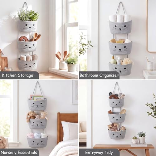 3-Tier Cat Theme Cotton Rope Hanging Basket Organizer, Wall Storage Bin - Image 6