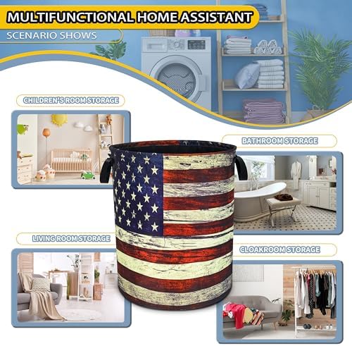 Retro American Flag Laundry Basket Foldable Waterproof Hamper 18.9x16.5 In - Image 6