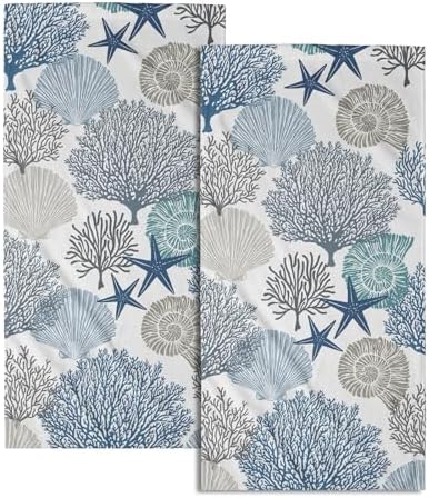Tropical Coral Hand Towels for Bathroom 2 Packs 14"x28" Sea Ocean Starfish by Granbey