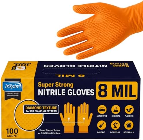 Inspire Heavy Duty Orange Nitrile Gloves | ULTRA 8 Mil Diamond Textured Grip | by Inspire