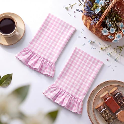 HunnmingRe 2 Pcs Hot Pink Gingham Kitchen Towels Cotton Ruffled - Image 3