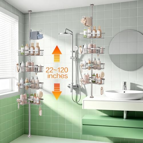 Corner Shower Caddy Tension Pole, Rustproof 4-Tier Adjustable 22-120 Inch - Image 3