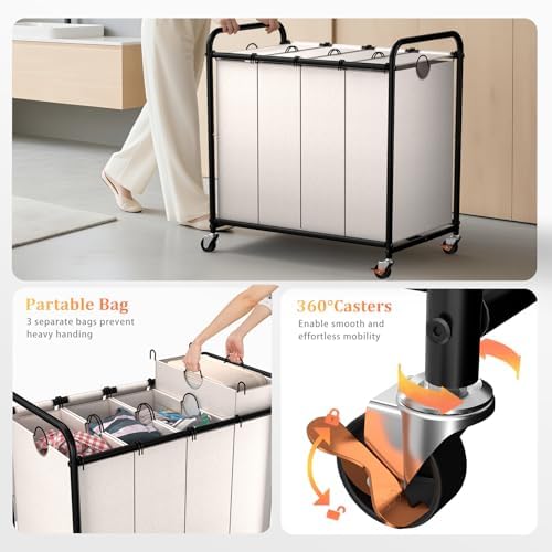 Laundry Sorter 4 Sections 48 Gal, Rolling Laundry Basket - Image 5