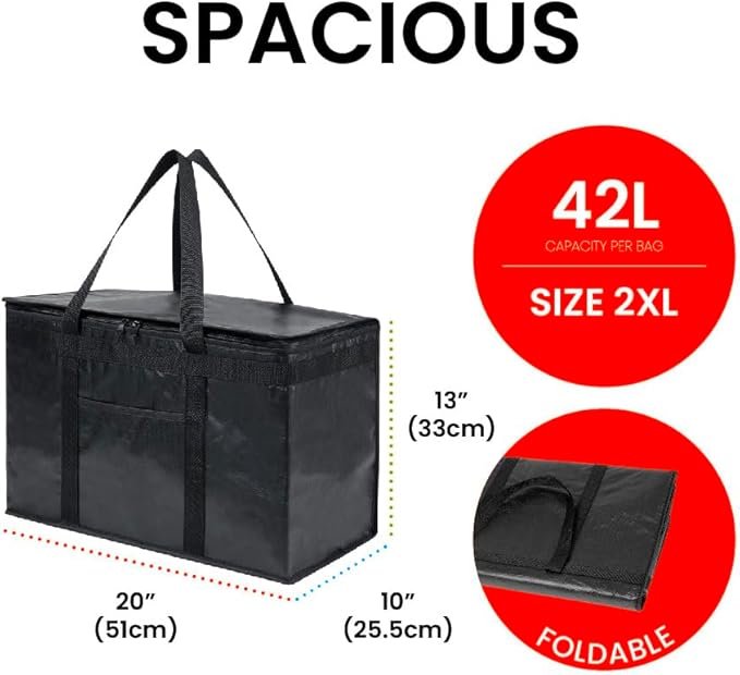 NZ home Insulated Bags for Food Delivery (2XL PRO) Grocery Shopping Cooler Bag, Pizza Delivery, Hot & Cold Catering Tote, Reusable, Foldable & Heavy Duty (Red)