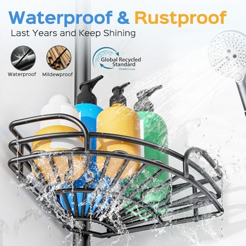 HAMITOR Corner Shower Caddy Tension Pole, Adjustable No-Drill Widen Shelves - Image 5