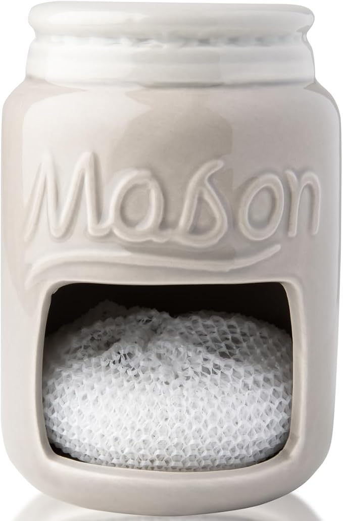 Comfify Grey Mason Jar Ceramic Sponge Holder – Farmhouse Sink Caddy by Comfify
