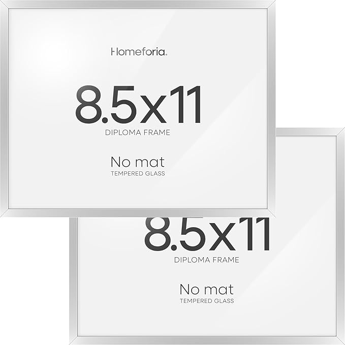 Homeforia 8.5x11 Diploma Frame Silver, High End Metal 8.5 x 11 Certificate Frames, 11x8.5 Document Frame for Wall or Tabletop, 8.5by11 Letter Size Graduation Frames, Tempered Glass, Wall Kit, Set of 2
