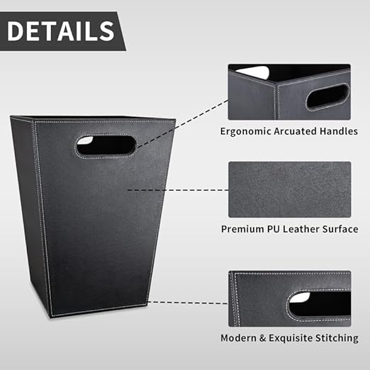 GORESE Pu Leather Trash Can for Bedroom, 16L/4.2 Gallon Office Wastebasket with Handles for Near Desk, Black Bathroom Garbage Cans for Home Decorative, Square Waste Basket Bin for Dorm Easy to Clean