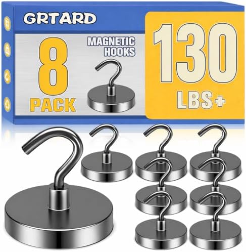 Grtard 8 Pcs Black Magnetic Hooks Heavy Duty, 120 LBS Strong Magnet Hooks by Grtard