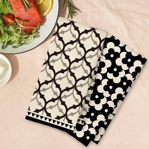 Black Beige Moroccan Kitchen Towels Set of 2, Retro Boho Abstract Dish Tea - Image 4