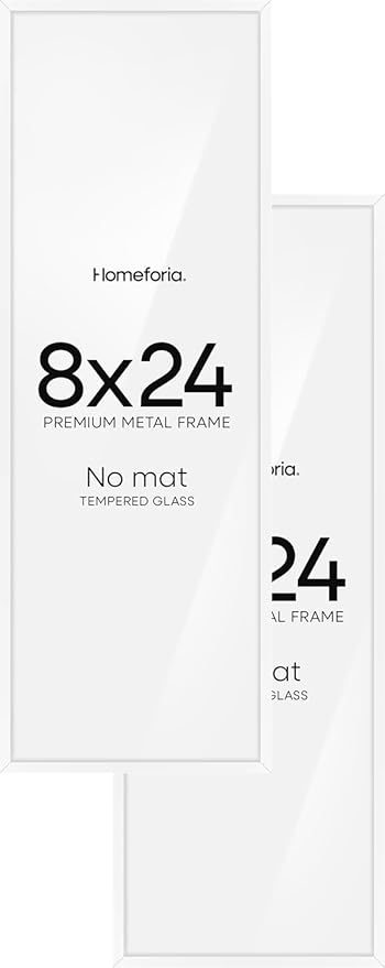 Homeforia 8x24 Panoramic Frame White, High End Metal 8 x 24 Picture Frames without Mat, 24x8 Hanging White Poster Frames for Wall, 8 by 24 inches Display Photo Frames, Tempered Glass, Wall Kit, Set of 2
