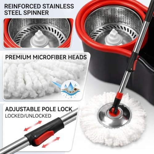 Spin Mop and Bucket with Wringer Set, 3 Mop Heads - Image 4