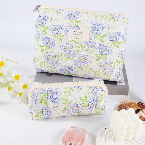 Quilted Cotton Cosmetic Bag 2Pcs Coquette Makeup Bag Travel Makeup Bag - Image 6