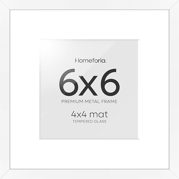 Homeforia 6x6 Picture Frame White, High End Metal 6 x 6 Square Photo Frames with Mat 4 by 4, 6x6 Poster Frame Matted to 4x4 inches Print, 6by6 Wall or Tabletop Frame, Tempered Glass, Wall Kit, Set of 1