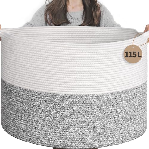 INDRESSME 115L Extra Large Woven Rope Blanket Basket Living Room Light Grey by INDRESSME