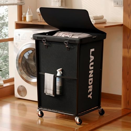 Laundry Hamper with Wheels and Lid, 150L Large Rolling Laundry Basket Black by OLLDIDE