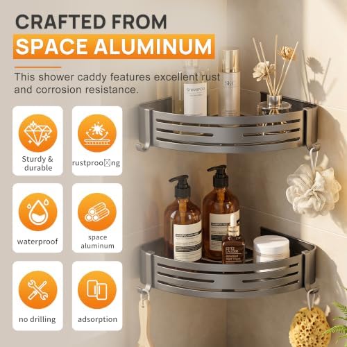 Gun Grey Adhesive Corner Shower Caddy 2-Pack, Triangular Shelves - Image 3