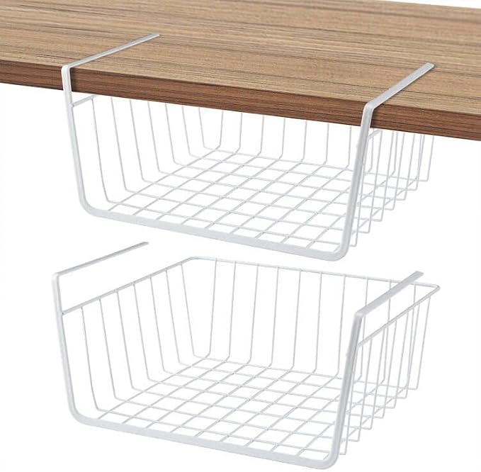 Under Shelf Basket 2 Pack Pantry Shelf Organizer White Metal Cabinet Shelf by ELEATTRUN