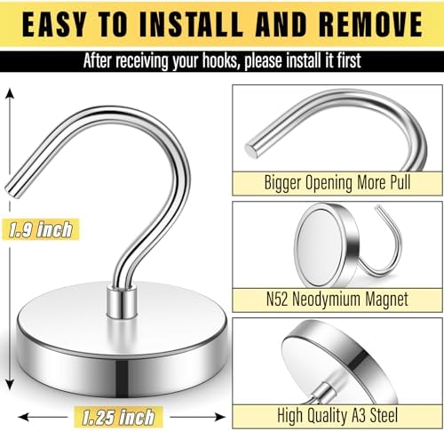 6 Pack Magnetic Hooks Large Opening, 100LBS Neodymium Magnet Hooks - Image 2