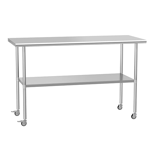 Stainless Steel Table with Wheels 24" x 60" Utility Worktable with Adjustable Undershelf for Commercial Kitchen, Garage, Restaurant