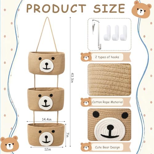 Cute Bear Hanging Baskets, 3-Tier Woven Cotton Wall Mounted Storage Organizer - Image 3