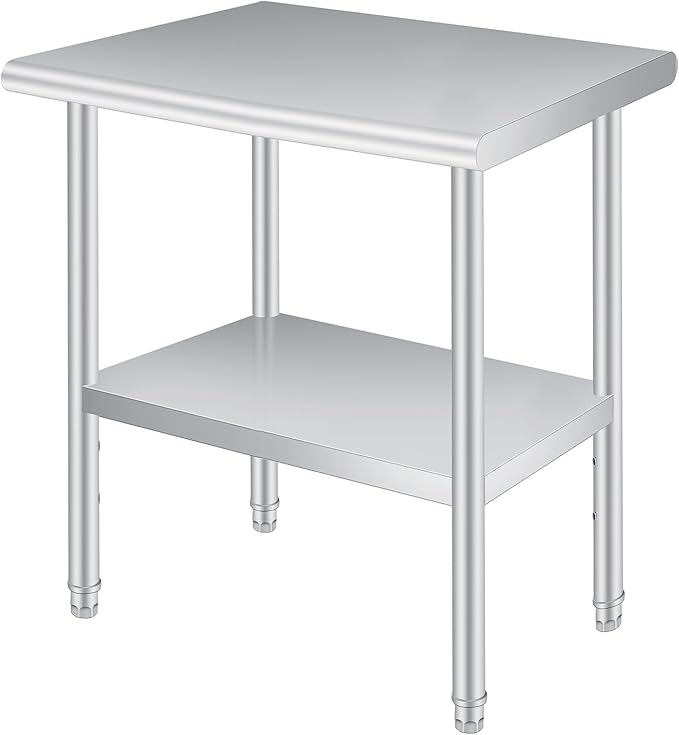  Stainless Steel Prep Table, 24 x 36 Inches Heavy Duty Commercial , with Rounded-Corner, Adjustable Undershelf and 4 Caster Wheels, Heavy Duty Work Table with Adjustable Under Shelf for Outdoor, Res