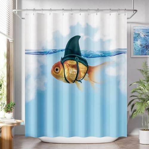AmazerBath Fish Shower Curtain Blue, Washable Cloth Funny Fish in Shark's by AmazerBath