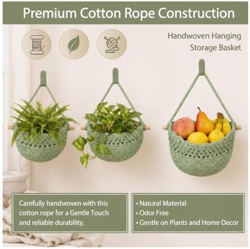 Honeydak 3 Hanging Baskets, Sage Green, Cotton Rope - Image 5