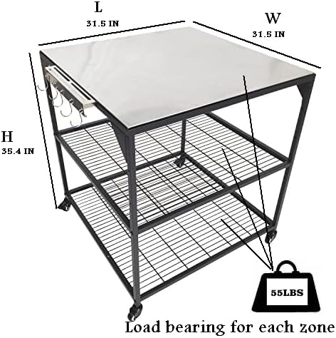 Three-Shelf Movable Stainless Steel & Steel Outdoor Dining Cart Table Pizza Oven Protable Grill and Heavy Duty Grill Cart Outdoor Table