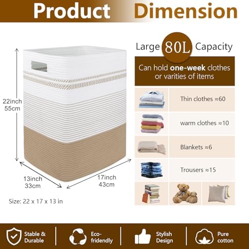 80L Large Cotton Rope Laundry Basket - Image 6