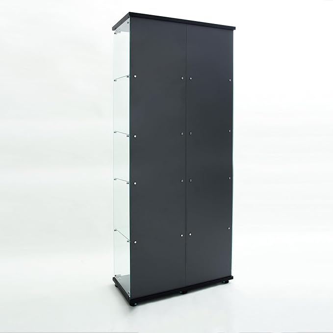 Yoluckea 5 Tiers Glass Display Cabinet with Bluetooth LED Light Strip, 2 Doors Floor Standing Curio Cabinet with Universal Wheel and Mirror Back Panel, Black Glass Bookshelf for Collections, Wood Top