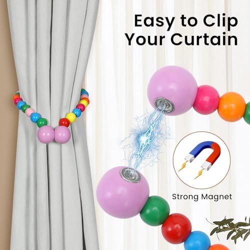 KLOGTSIND Magnetic Curtain Tiebacks, 2 Pack Wood Bead Curtain Holdbacks - Image 2