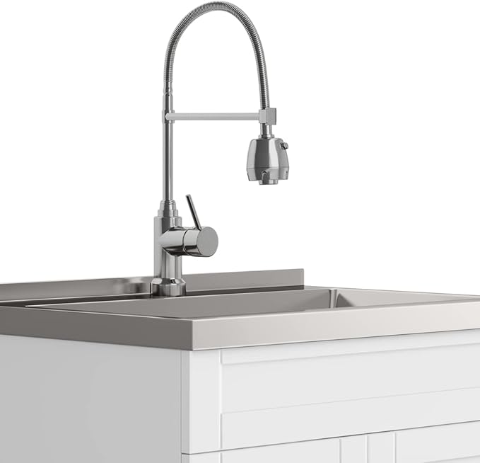 SIMPLIHOME Hennessy All-in-One 28 inch Wide Utility Sink and Laundry Cabinet in Pure White Finish, Transitional Stainless Steel Sink Cabinet for Laundry Rooms with High-Arch Chrome Faucet and Storage