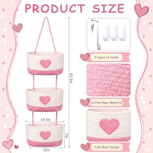 3-tier Heart Theme Cotton Rope Hanging Basket Organizer, Wall Storage Bin - Image 2