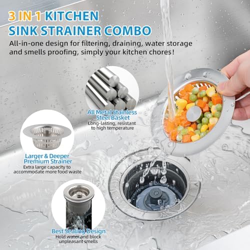 Hibbent 3 In 1 Kitchen Sink Drain Strainer and Stopper Combo Assembly Kit - Image 2
