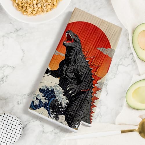 4 Pcs Funny Cat Kitchen Towels, Godzilla Japanese Cats Gifts Hand Towel - Image 3