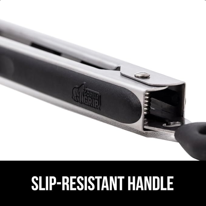 GORILLA GRIP Stainless Steel Heat Resistant Kitchen Tongs for Cooking, Set of 2 BBQ Tong, Non Scratch Silicone Tip for Pans, Strong Grip, Grab Food, Toss Salad, Air Fryer, Pull Lock, 7 + 9 Inch, Black