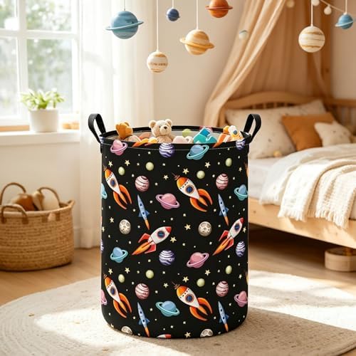 Round Laundry Basket Collapsible Storage Hamper Organizer Planet Rocket - Image 6